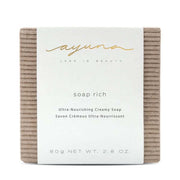 Ayuna Soap Rich 80g, ambachtelijke en voedende zeep voor een gevoelige huid, met een luxe uitstraling en natuurlijke verpakking.