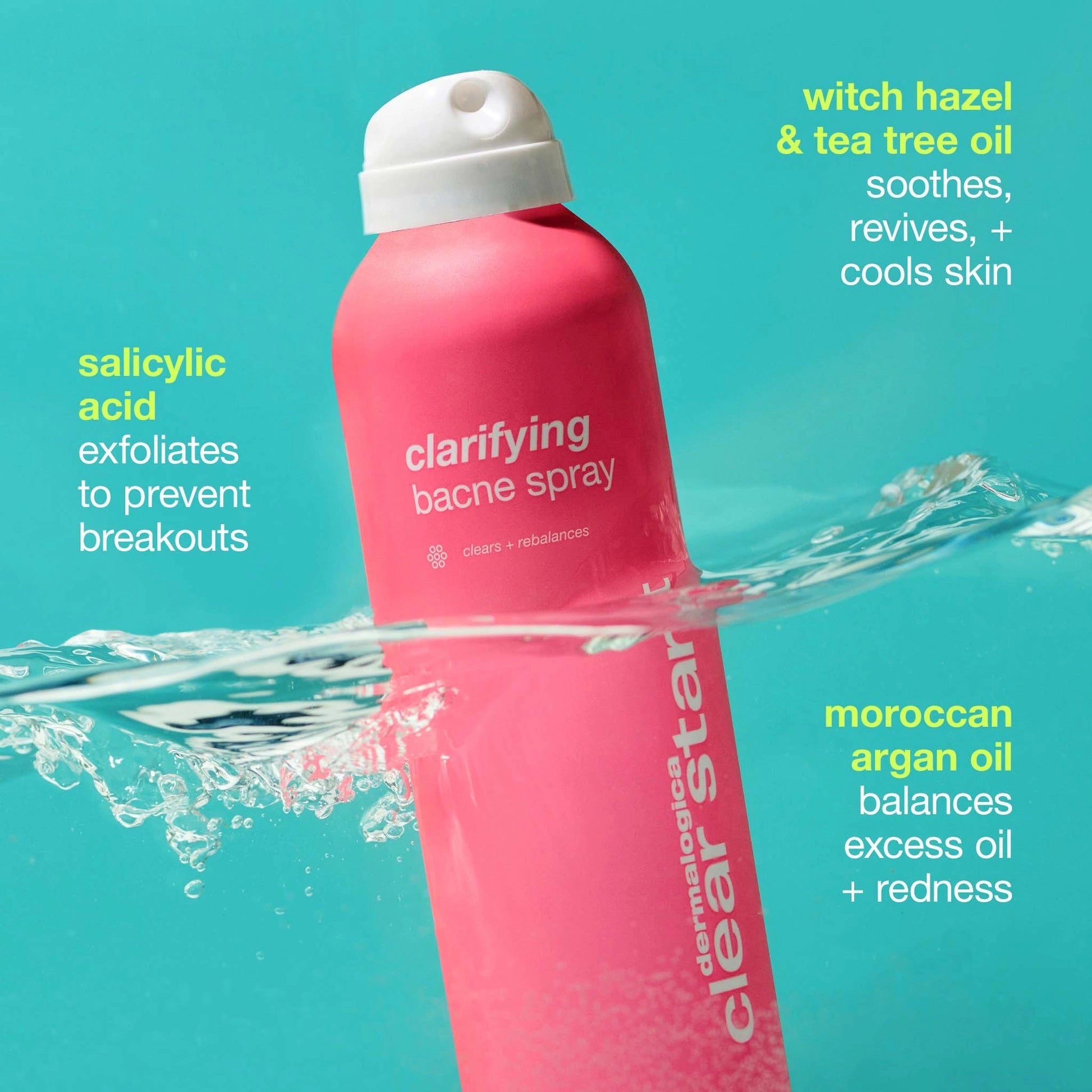 Dermalogica Clarifying Body Spray 177ml in water, featuring salicylic acid, witch hazel, and tea tree oil for acne treatment.