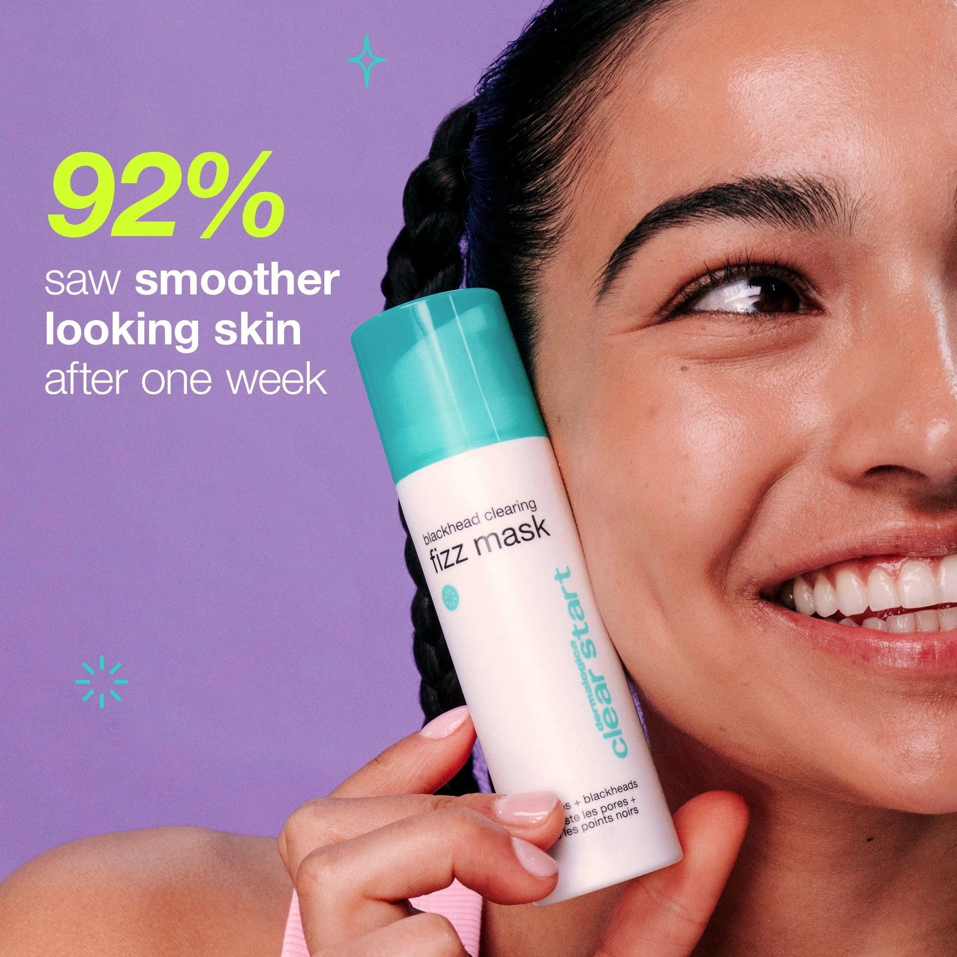 Dermalogica Blackhead Clearing Fizz Masque 50ml in gebruik door een tevreden model met een stralende huid