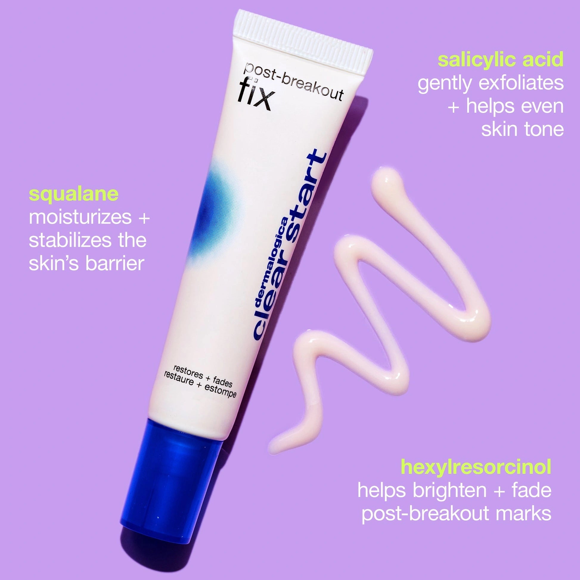 Dermalogica Post-Breakout Fix 15ml tube on vibrant purple background; gel-crème tegen donkere vlekjes na puistjes voor een egale huid.