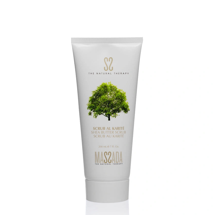 Massada Shea Butter Scrub 200 ml in tube met natuurlijke ingrediënten voor milde exfoliatie van droge huid.