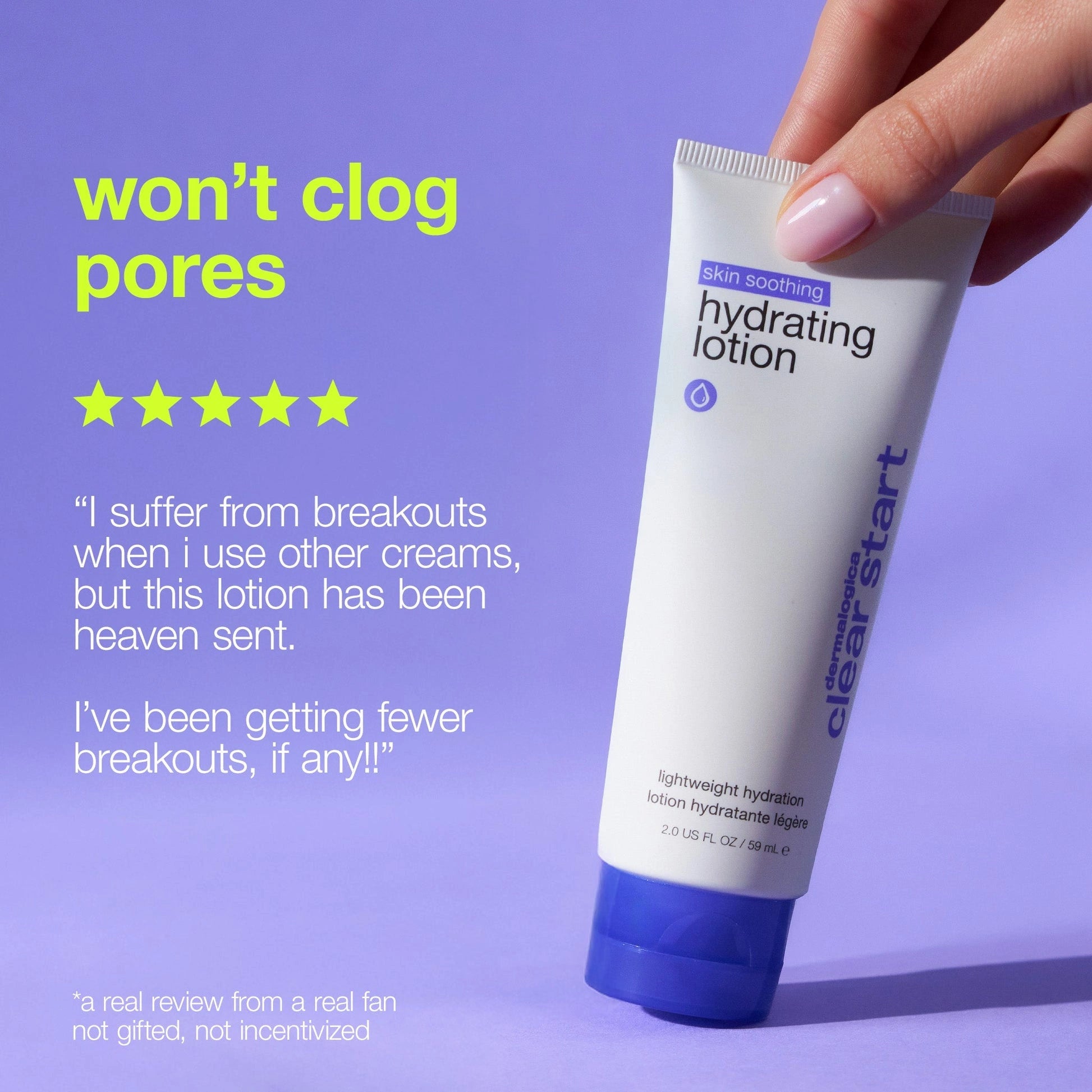 Dermalogica Skin Soothing Hydrating Lotion 60ml in a hand, highlighted as light moisturizer for acne-prone skin.