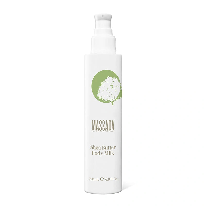 Massada Shea Butter Body Milk 200 ml in witte fles met groene stip en logo voor droge huidverzorging