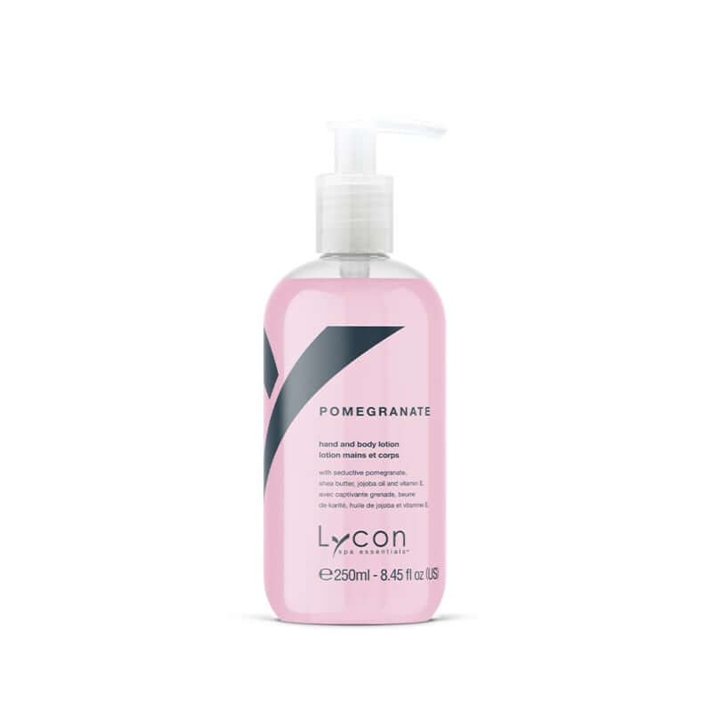 Lycon Pomegranate Hand & Body Lotion 250ml in lichtroze fles met pomp, hydraterende formule voor een zachte huid.