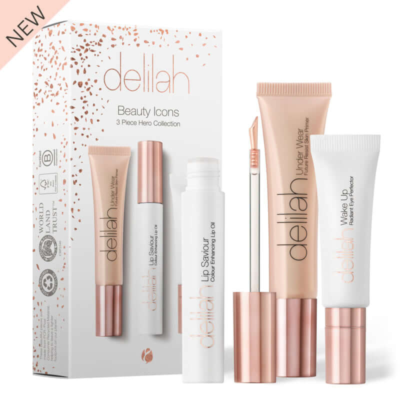 Delilah - Beauty Icons - 3 Piece Hero Collection in elegante verpakking met lipproducten en highlighter.