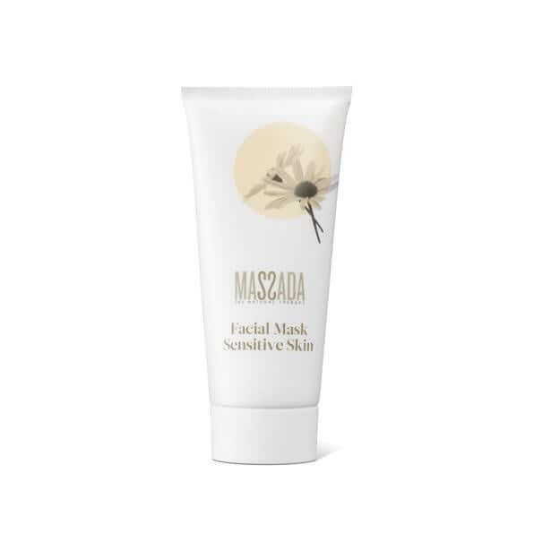 Massada Facial Mask Sensitive Skin 100ml in een witte tube met een minimalistisch ontwerp en een zachte bloemillustratie.