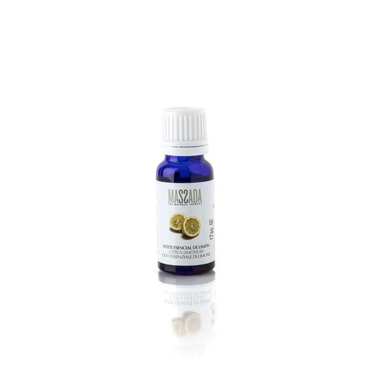 Massada Lemon Essential Oil 15ml in een blauwe glazen fles met citroenillustratie voor revitalisatie en energie