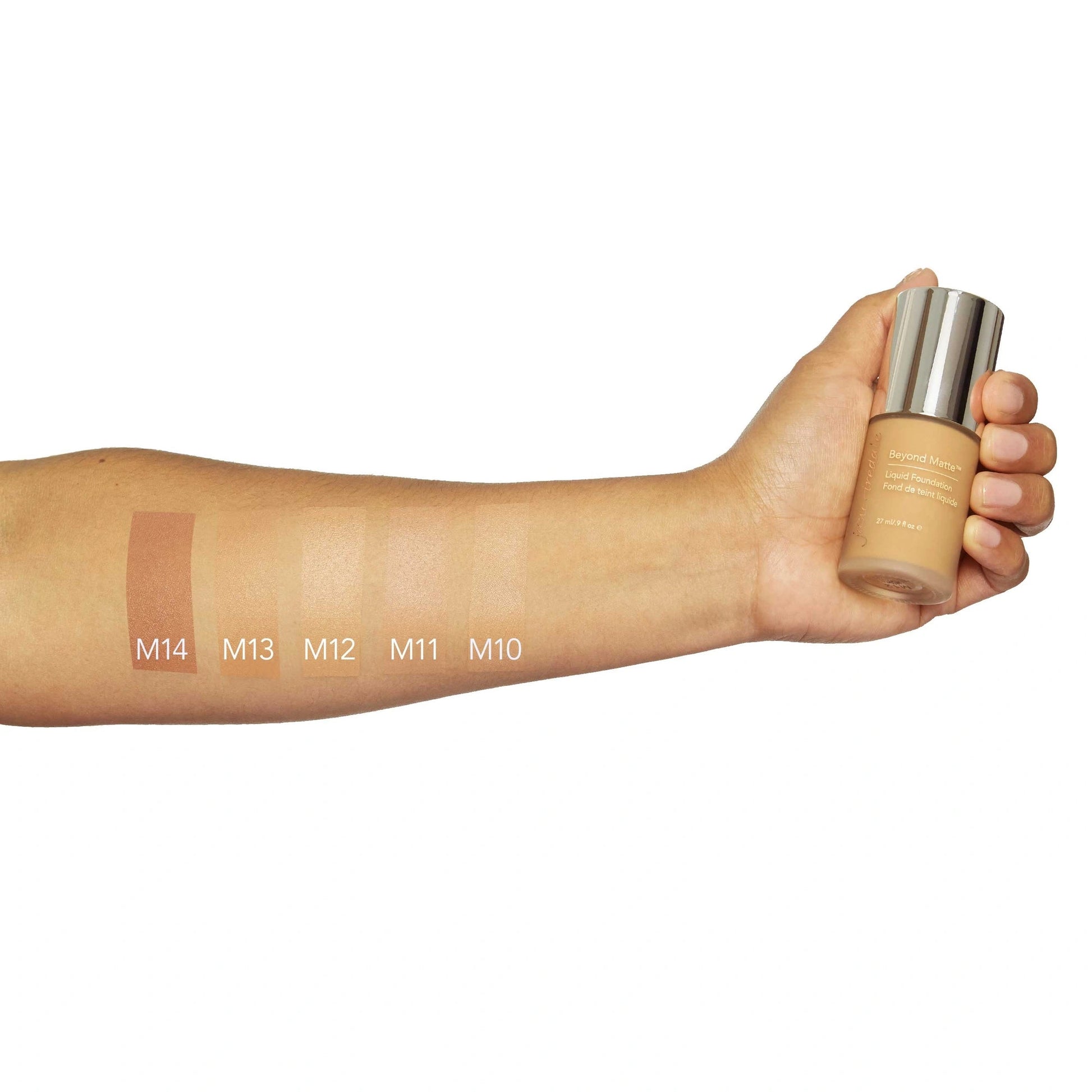 Jane Iredale Beyond Matte Liquid Foundation M13 27ml met swatches van M10 tot M14 op arm