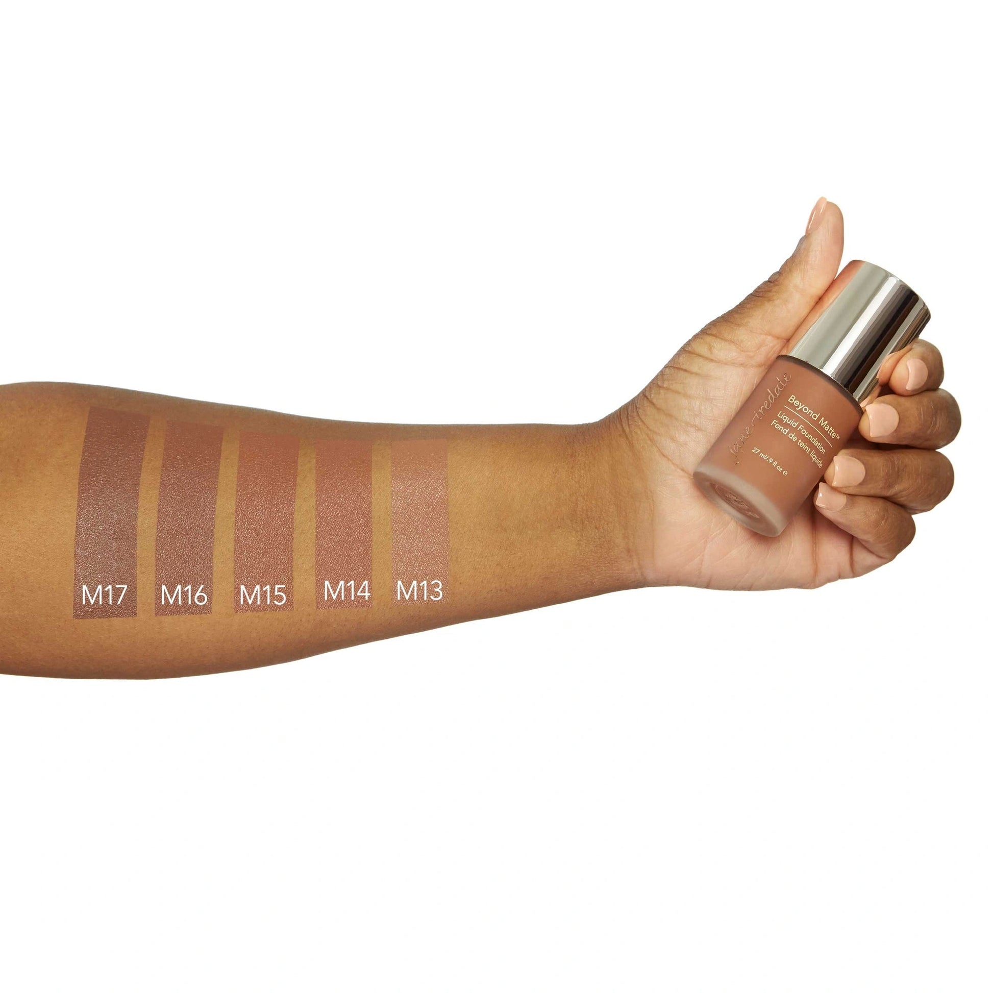 Jane Iredale Beyond Matte Liquid Foundation M14 27ml swatch on arm, showing color match for deep skin tones with cool undertones.