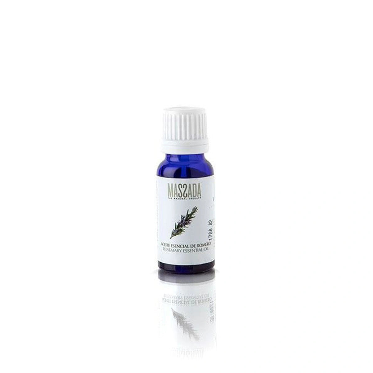 Massada Rosemary Essential Oil 15ml in een blauw glazen flesje, ideaal voor energie, spierontspanning en haargroei.
