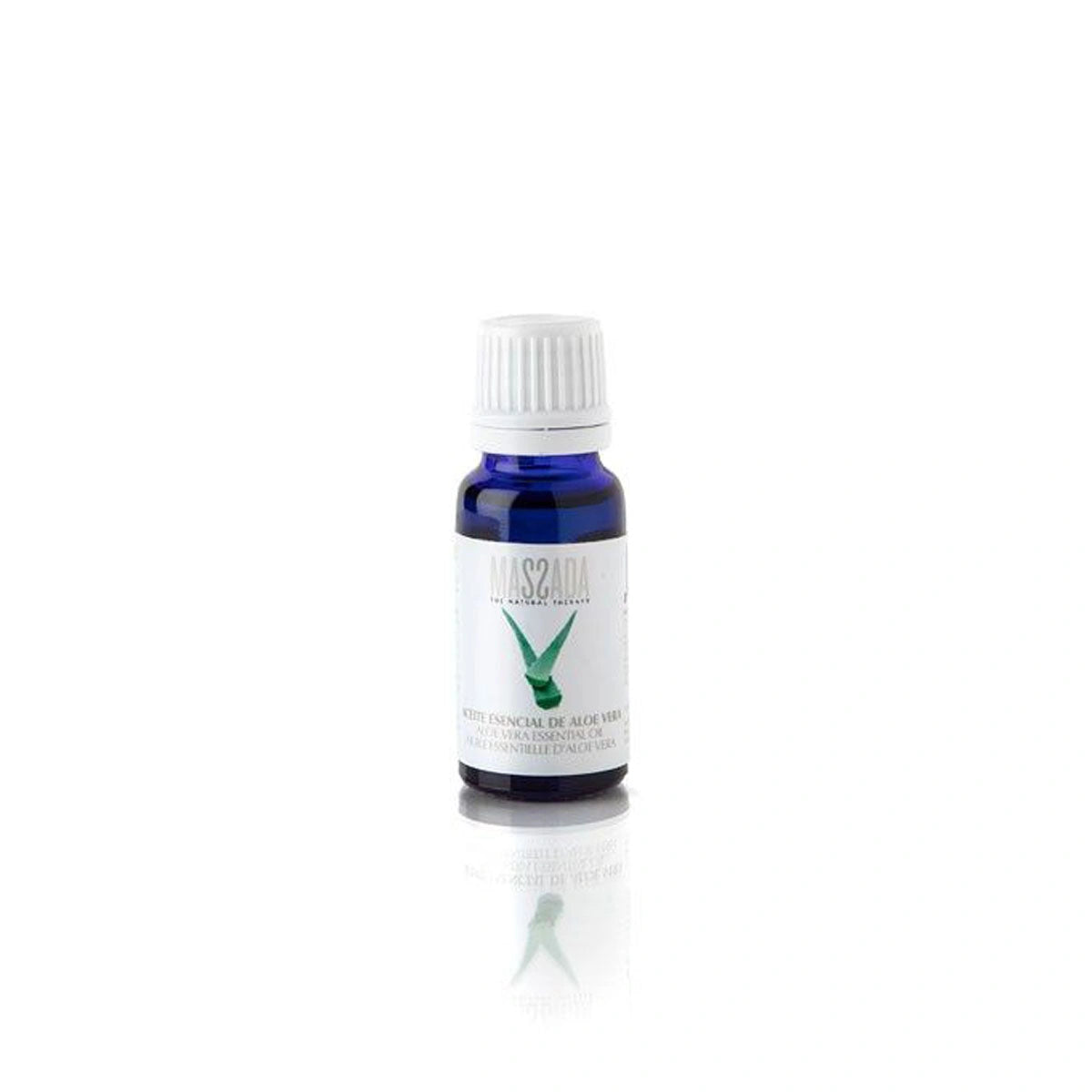 Massada Aloe Vera Essential Oil 15ml in een blauwe glazen flesje voor kalmerende huidverzorging