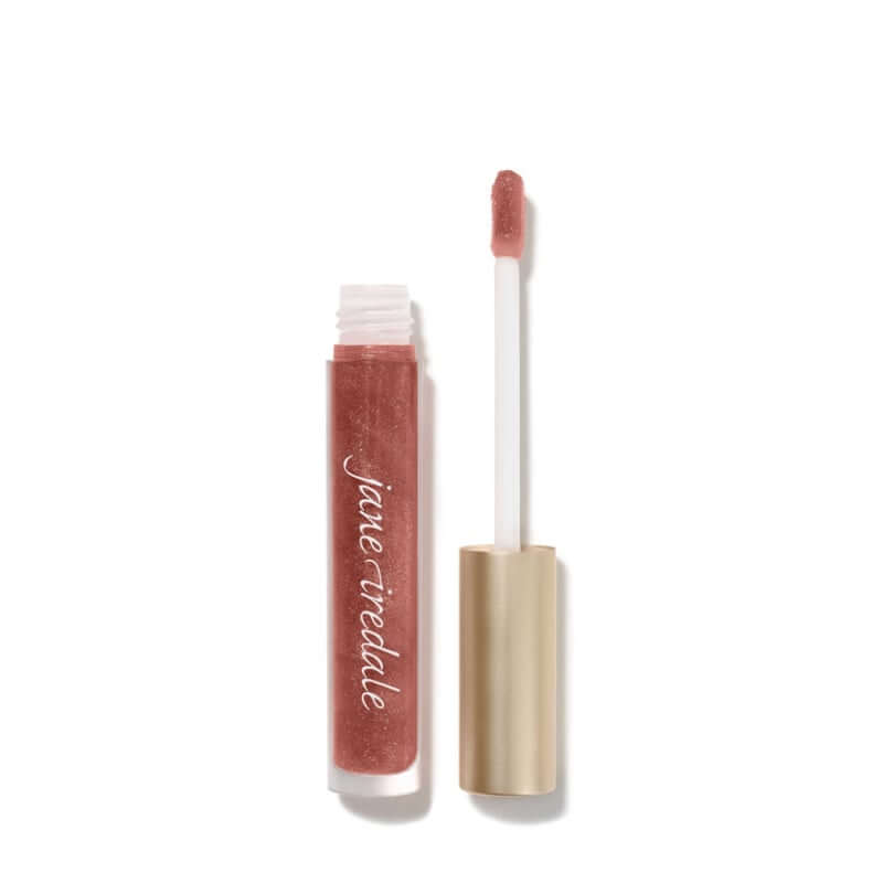 Jane Iredale HydroPure™ Hyaluronic Lip Gloss - Sangria 3.75g met flonkerende houtroze tint en applicator.