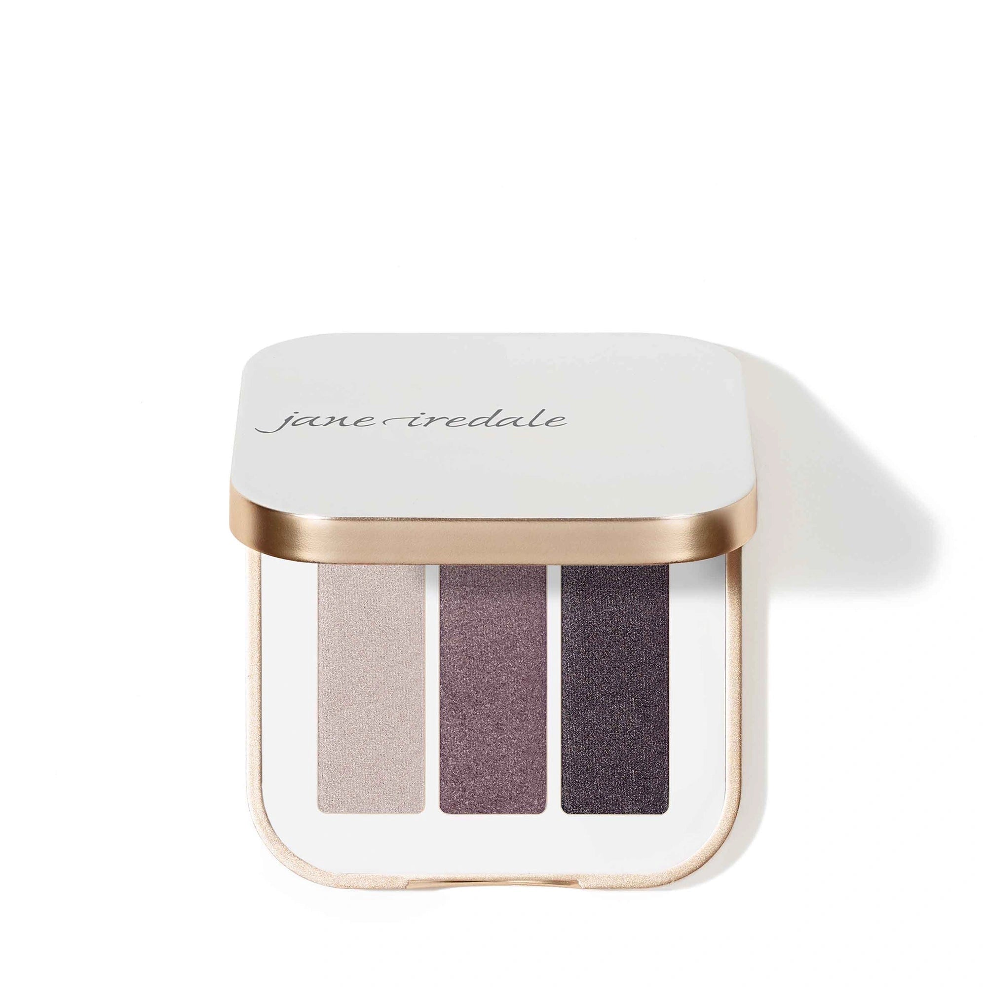 Jane Iredale PurePressed Eye Shadow Triple Sundown 2,1g met pale pearl grijs en shimmery grijs tinten voor een koele glans.