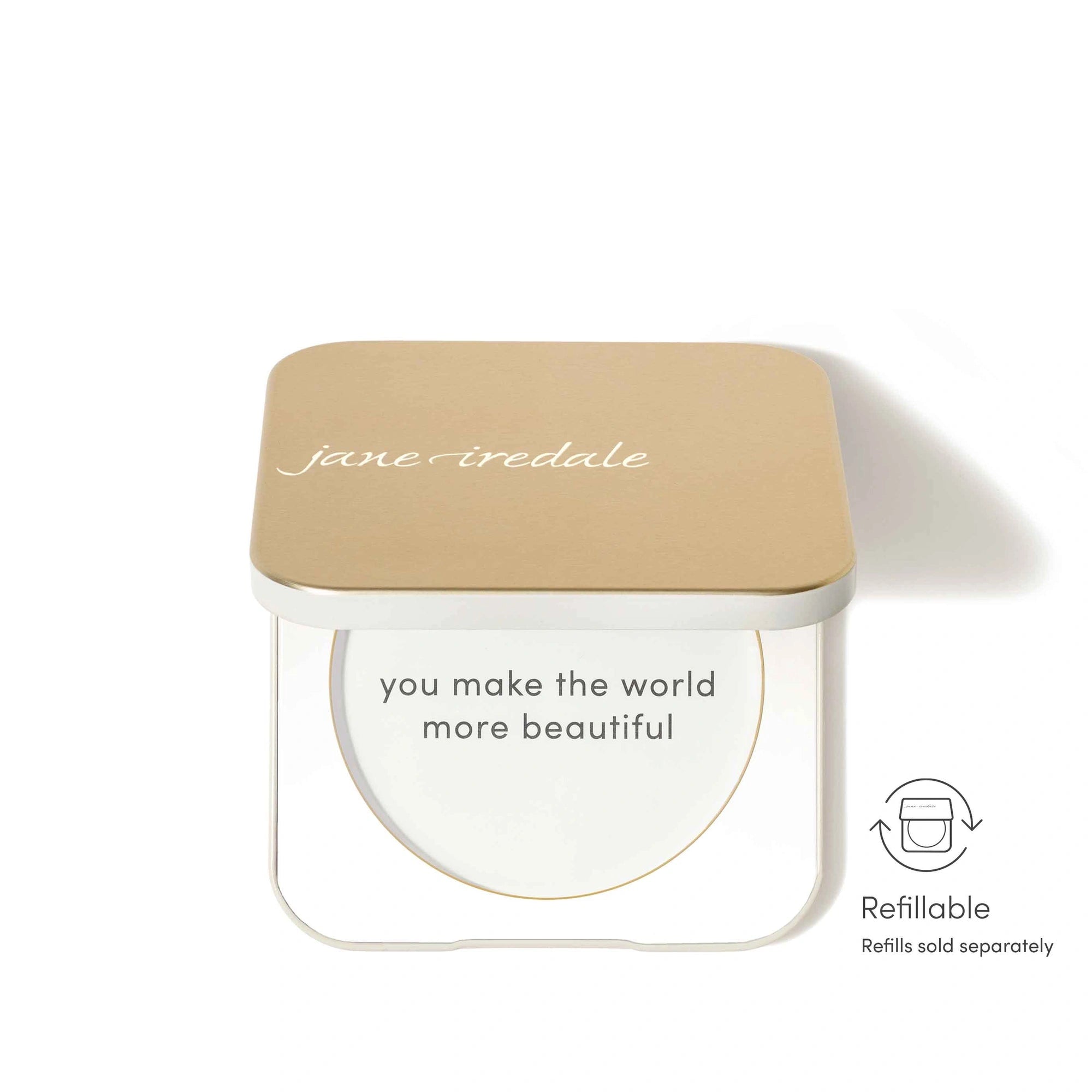 Jane Iredale Refillable Compact Dusty Gold met luxe design en de boodschap 'you make the world more beautiful'.