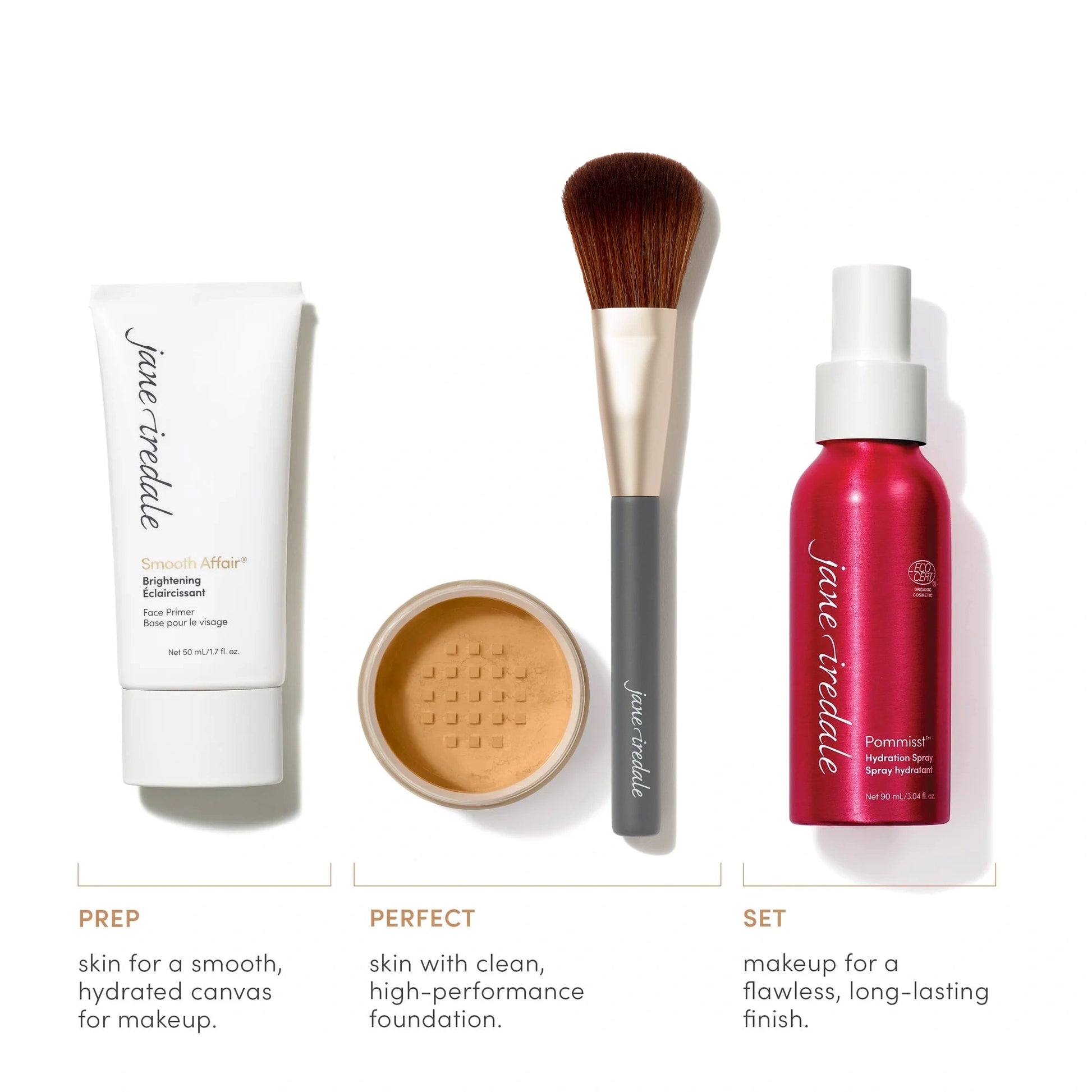 Jane Iredale Amazing Base Mineral Powder SPF20 Satin 10,5g met Skin Prep en Setting Spray voor een perfecte make-up look.