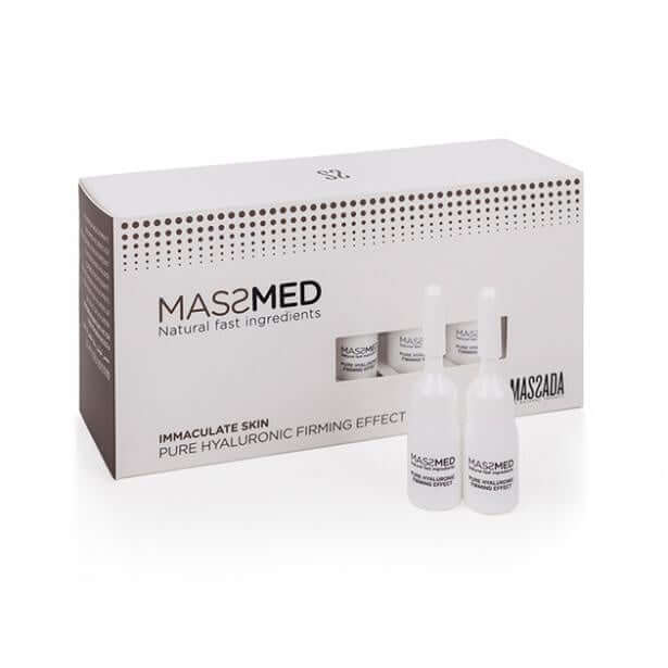 Massada - Pure Hyaluronic Firming Effect 10x 3ml verpakking met drie glazen ampullen en moderne design elementen