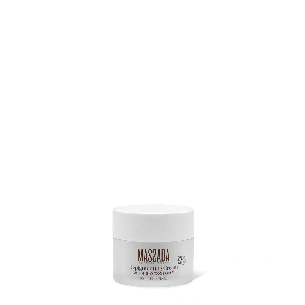 Massada Depigmenting Cream with Bioexosome SPF25 50ml in elegant jar, designed for tackling pigmentation issues.