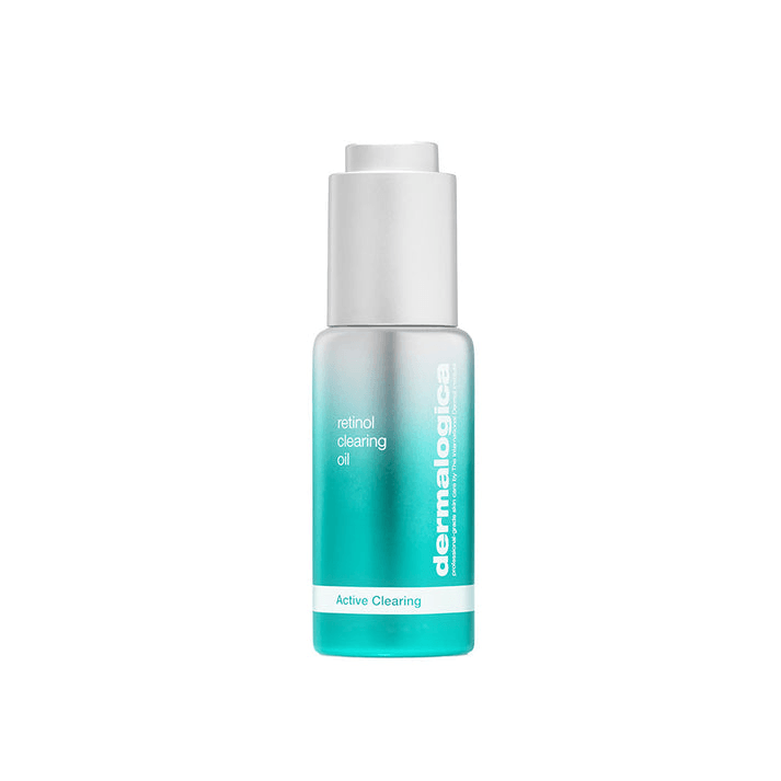 Dermalogica - Retinol Clearing Oil 30ml in een elegant glazen flesje met pumpdispenser, helder turquoise kleur en moderne uitstraling.