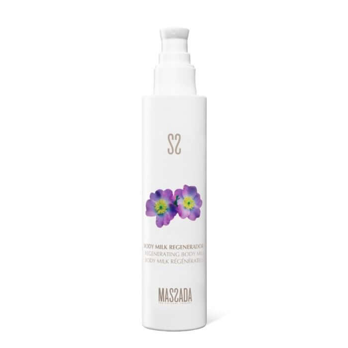 Massada - Regenerating Body Milk 200ml in een elegante verpakking met bloemen, hydraterend en verstevigend voor de huid.