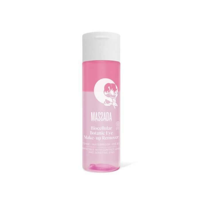 Massada BioCellular Botanic Eye Make-Up Remover 200ml in een transparante fles met roze vloeistof voor het verwijderen van waterproof make-up.