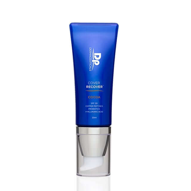 DP Dermaceuticals Cover Recover Cocoa SPF30 20ml tube met diepbruine foundation voor donkere huidtinten.