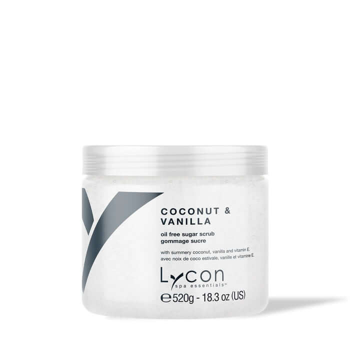 Lycon - Coconut & Vanilla Sugar Scrub 520gr in een transparante pot met een luxe uitstraling voor zachte, gehydrateerde huid.