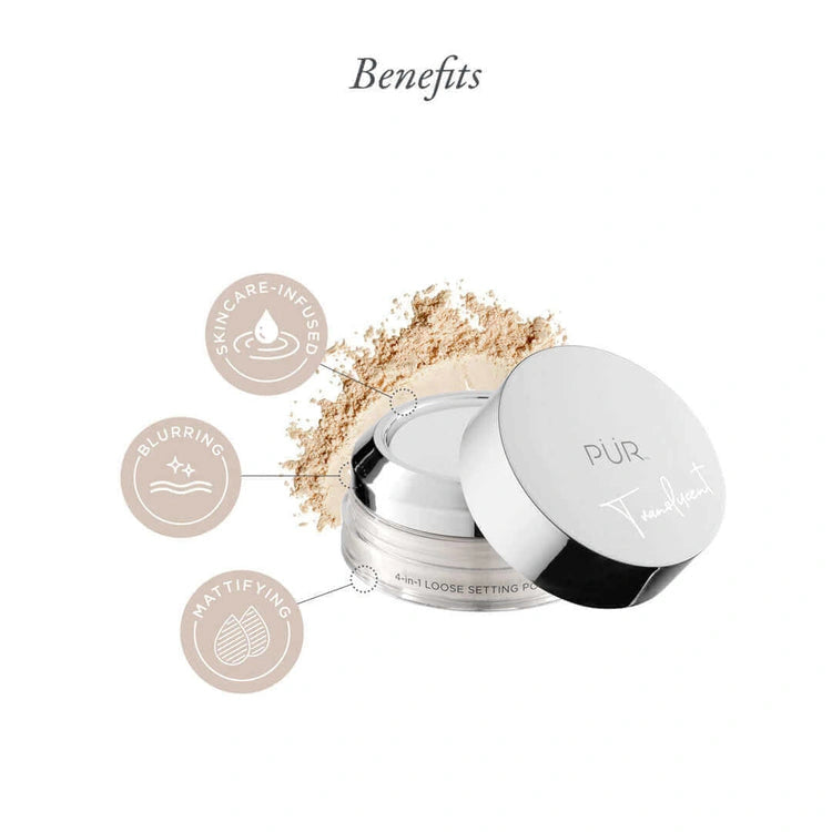 PUR 4 in 1 Loose Setting Powder 9g met verzorgende voordelen, matte finish en micropolijsting.