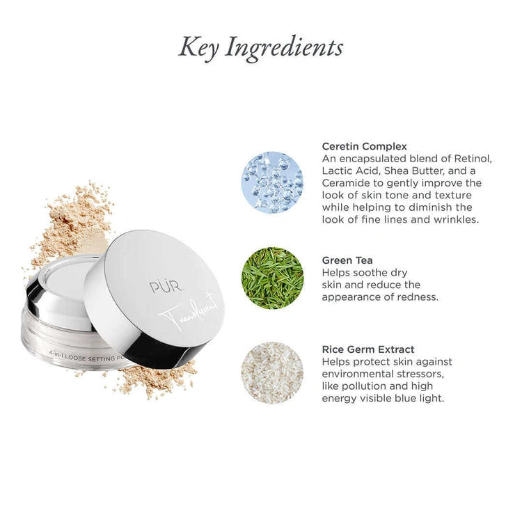 PUR 4 in 1 Loose Setting Powder 9g, key ingredients like Ceretin Complex and Green Tea for a refined matte finish.