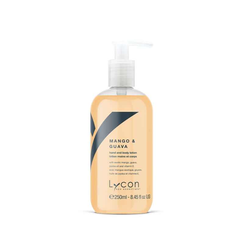 Lycon Mango & Guava Hand & Body Lotion 250ml in een stijlvolle fles met pompsysteem voor luxe huidverzorging.