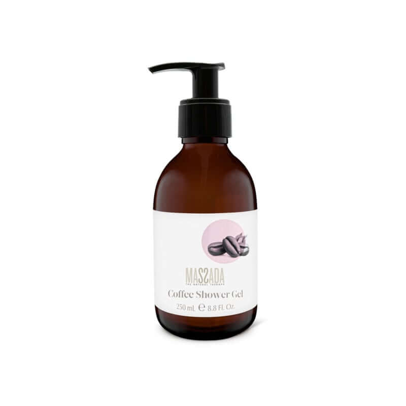 Massada - Coffee Shower Gel 250ml in een stijlvolle bruine fles met pomp voor verfrissing en circulatieverbetering.