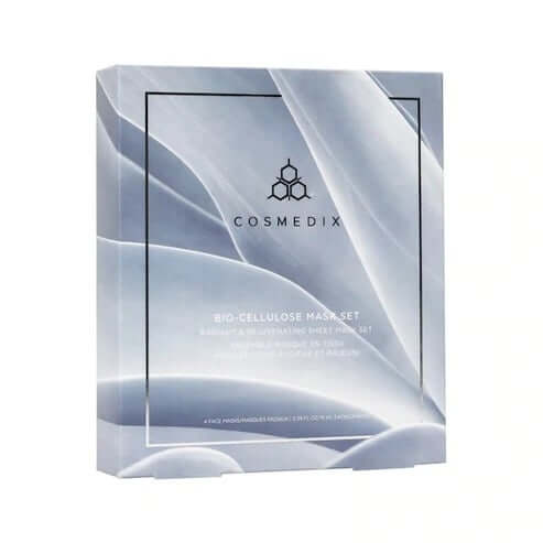 Cosmedix Bio Cellulose Mask Radiant & Rejuvenating Set 4pc in elegante verpakking met zachte lijnen.