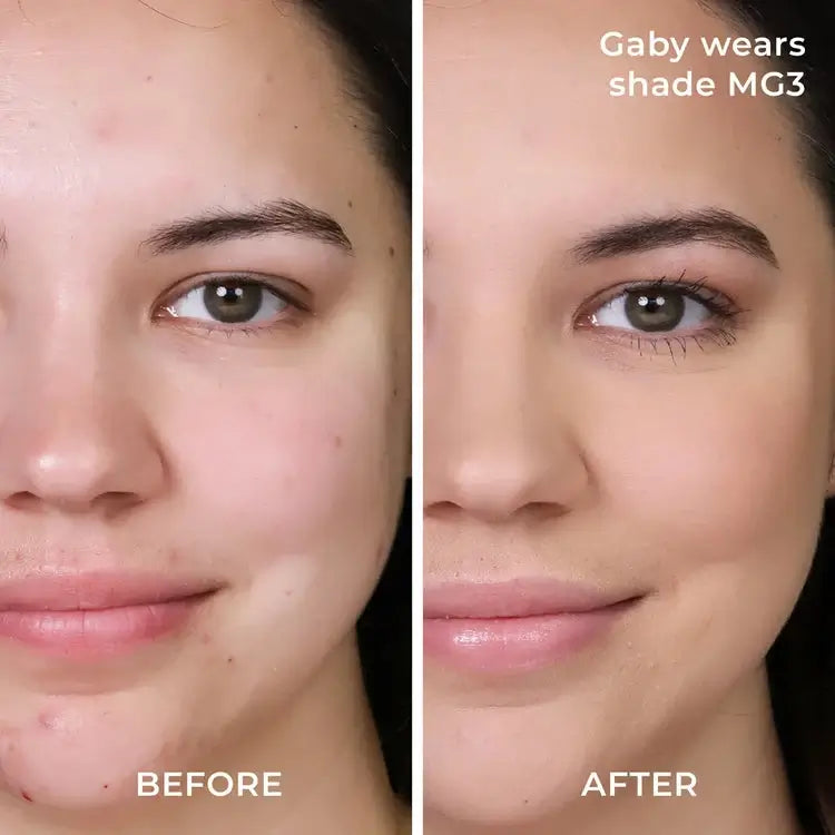 PUR 4-in-1 Pressed Mineral Makeup SPF15 Bisque MG3 8g bij Gaby, voor en na toepassing met verbeterde huidtoon.