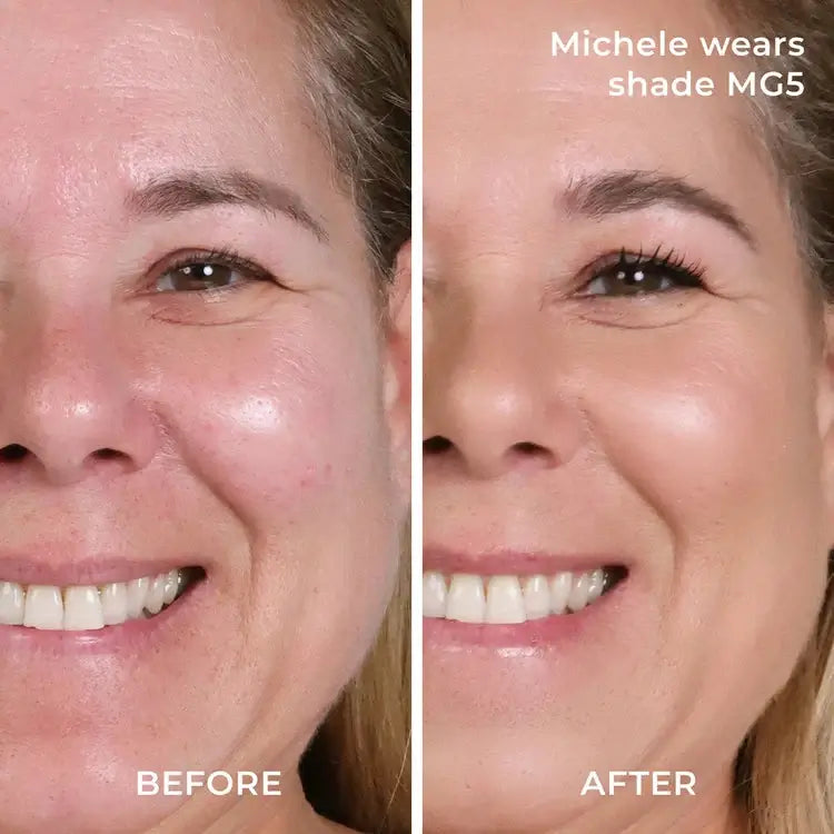 PUR 4-in-1 Pressed Mineral Makeup SPF15 Beige MG5 8g resultaat voor en na op model met stralende huid.