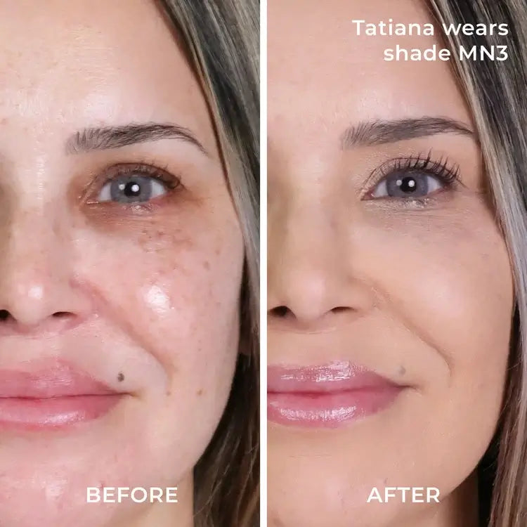 PUR 4-in-1 Pressed Mineral Makeup SPF15 Linen MN3 8g voor een natuurlijk ogende huid, voor en na gebruik op Tatiana.