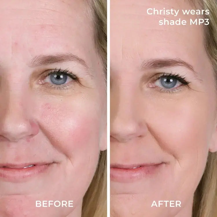 PUR 4-in-1 Pressed Mineral Makeup SPF15 Blush Medium MP3 8g voor een stralende teint, voor en na resultaat op model Christy.