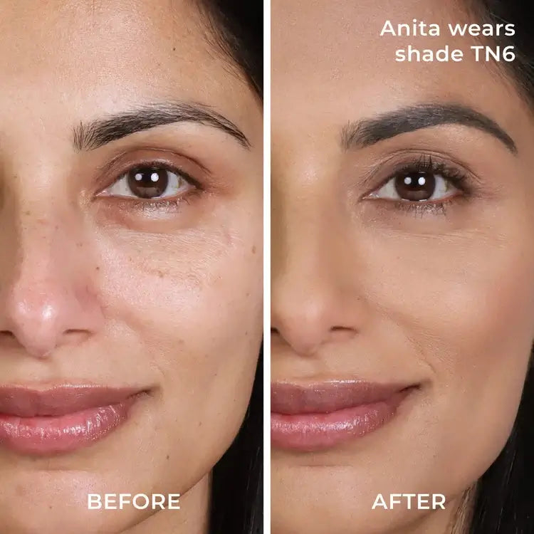 PUR 4-in-1 Pressed Mineral Makeup SPF15 Tan TN6 8g voor een egale huidteint, zichtbaar resultaat vóór en na toepassing, gouden ondertoon.