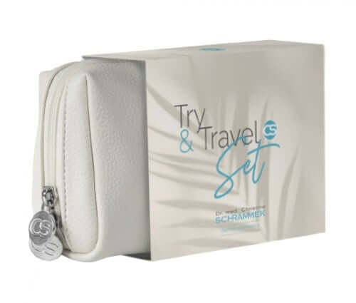 Dr Schrammek Try & Travel Set Vitality in elegante witte verpakking voor huidverzorging onderweg.