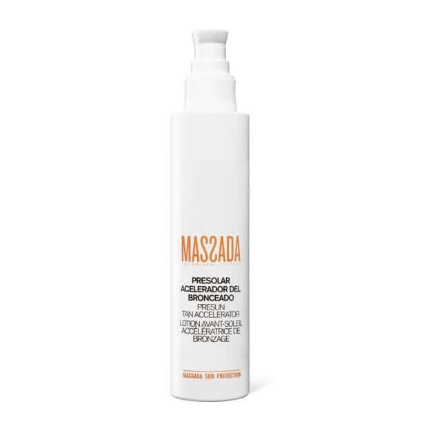 Massada - Presun Tan Accelerator 200ml fles met witte verpakking en pomp voor een gezonde, snelle huidbruining.