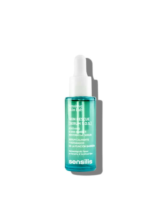 Sensilis Skin Rescue Serum SOS 30ml in een glazen pipetfles, ontworpen voor kalmering van gevoelige huid met roodheid.