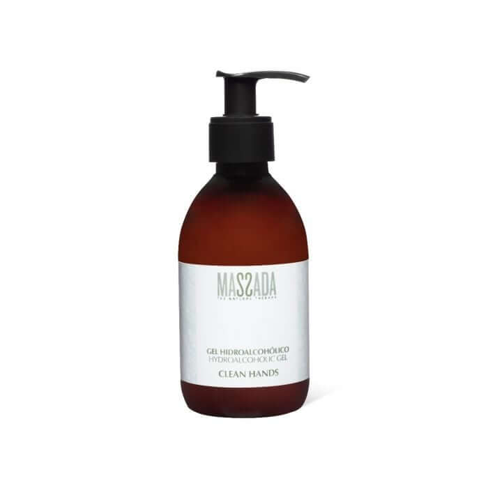 Massada - Hydroalcoholic Gel 250ml in donkere fles met pomp voor effectieve handontsmetting en hydratatie.