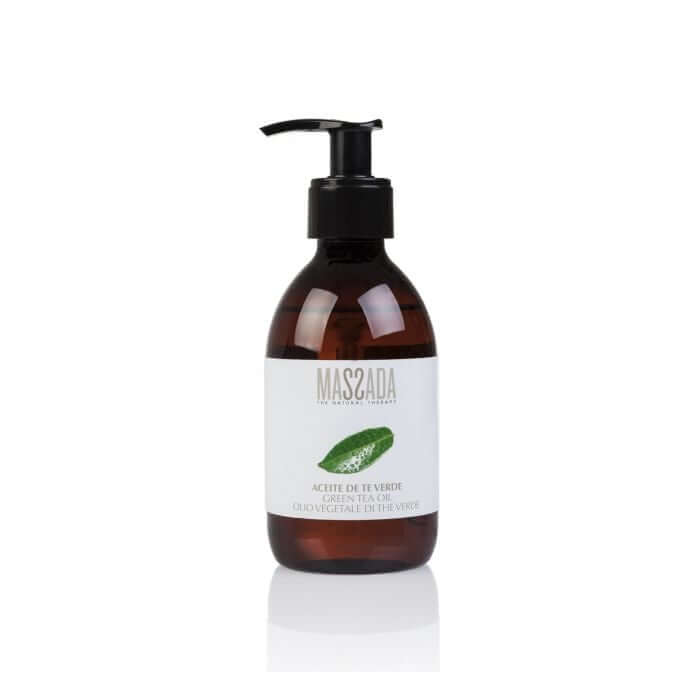 Massada - Green Tea Oil 250ml in een stijlvolle bruin glazen fles, hydraterende en antioxiderende huidverzorging.
