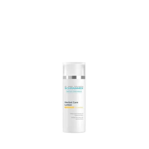 Schrammek Herbal Care Lotion 50ml (travelsize) in een luxe witte fles voor kalmerende huidverzorging onderweg.
