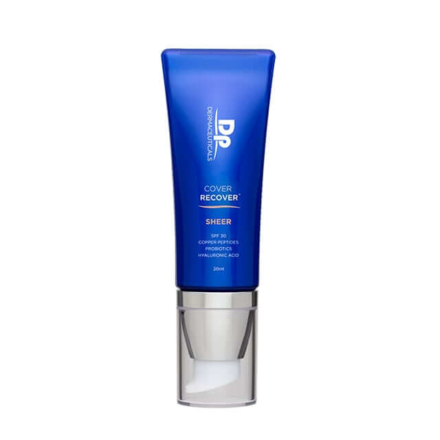 DP Dermaceuticals Cover Recover Sheer SPF30 20ml in een stijlvolle blauwe tube, biedt lichte dekking en zonbescherming.