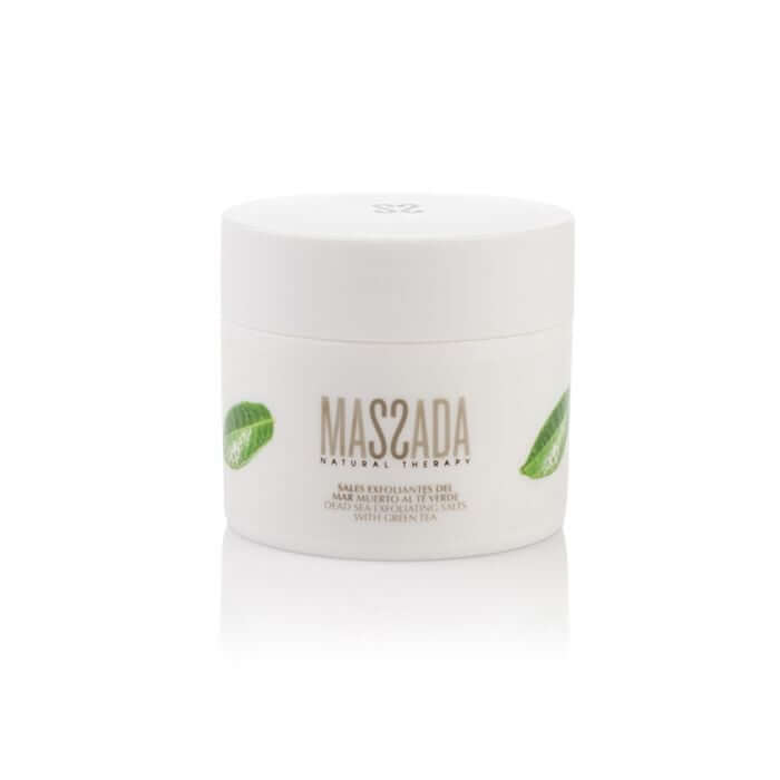 Massada - Sea Exfoliating Salts With Green Tea 200ml, luxe pot met groene thee voor zachte huidverbetering en exfoliatie.