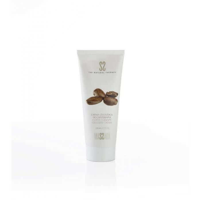 Massada - Coffee Therapy Cellulite Cream 200ml in tube met koffiebonen op de verpakking voor effectieve anti-cellulitis verzorging.