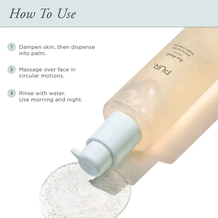 PUR Sea Fresh Purifying Gel Foam Cleanser 150ml met gebruiksinstructies voor optimale reiniging en huidverzorging