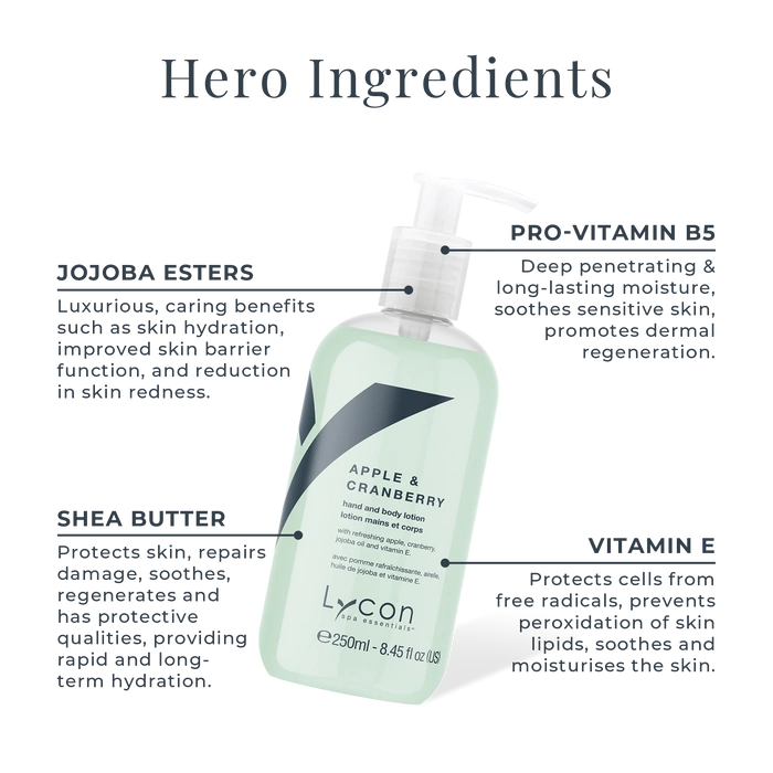 Lycon Apple & Cranberry Hand & Body Lotion 250ml met heldergroene verpakking en ingrediënteninformatie voor hydratatie