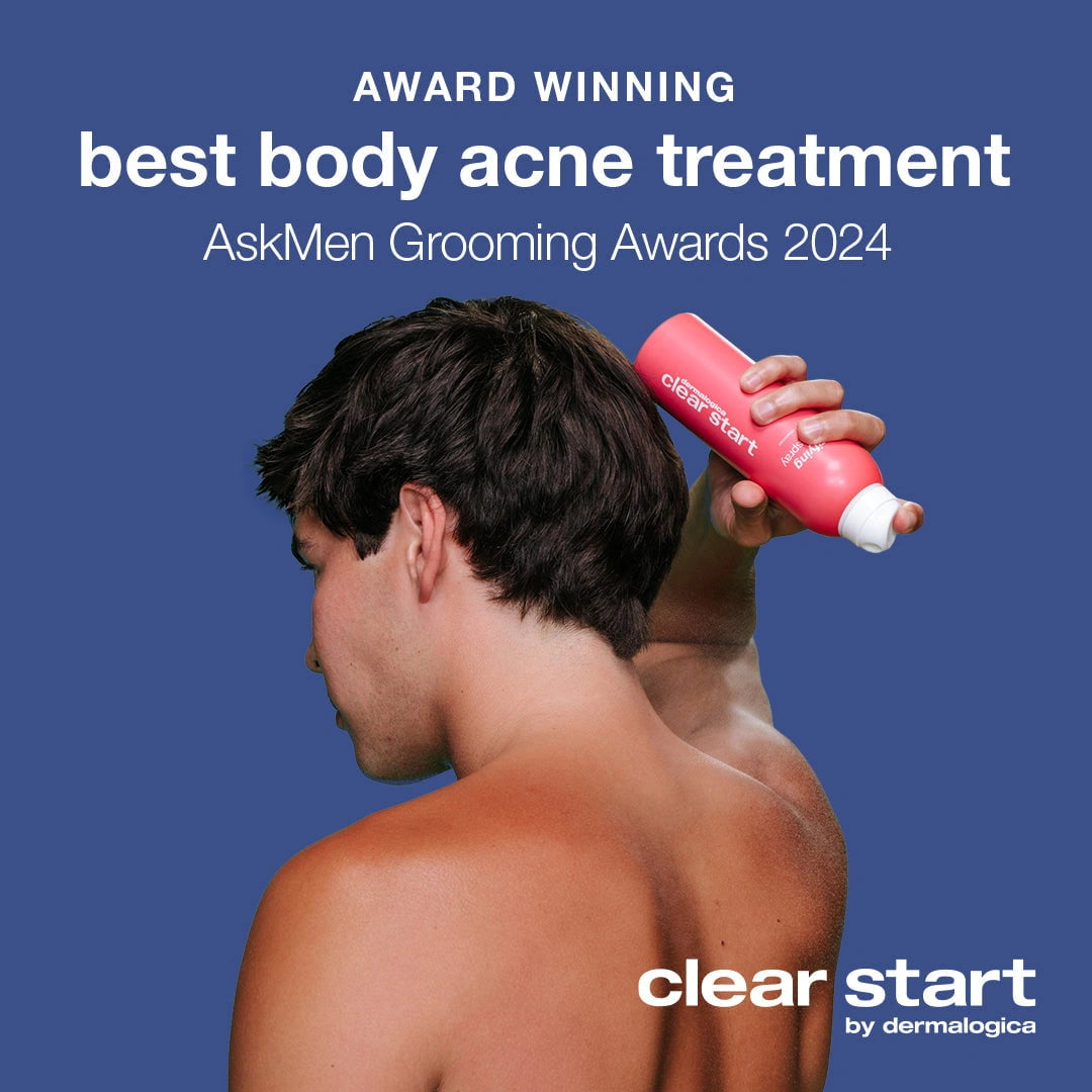 Dermalogica Clarifying Body Spray 177ml, award winning body acne treatment, applied on model's back, effective and refreshing.