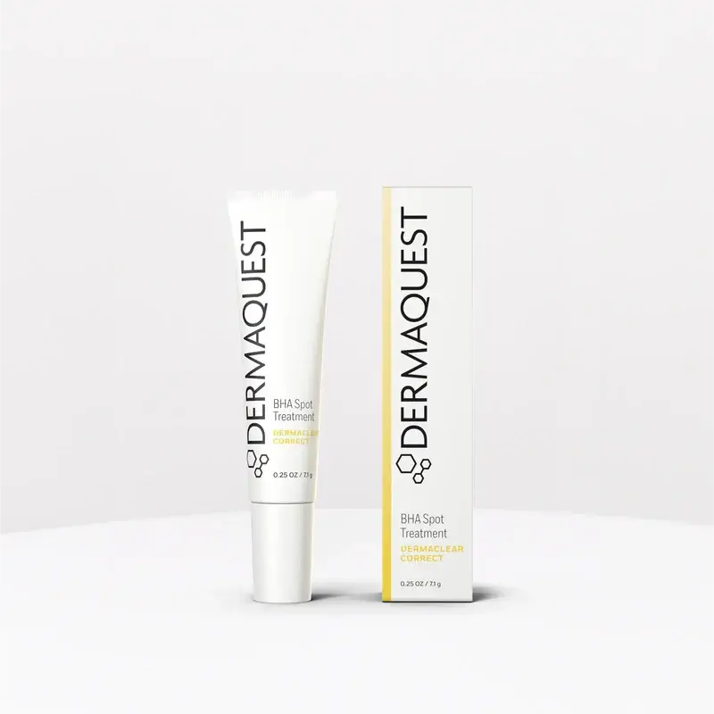 DermaQuest BHA Spot Treatment 7,1g tube en verpakking, effectieve oplossing voor pijnlijke puistjes met salicylzuur.