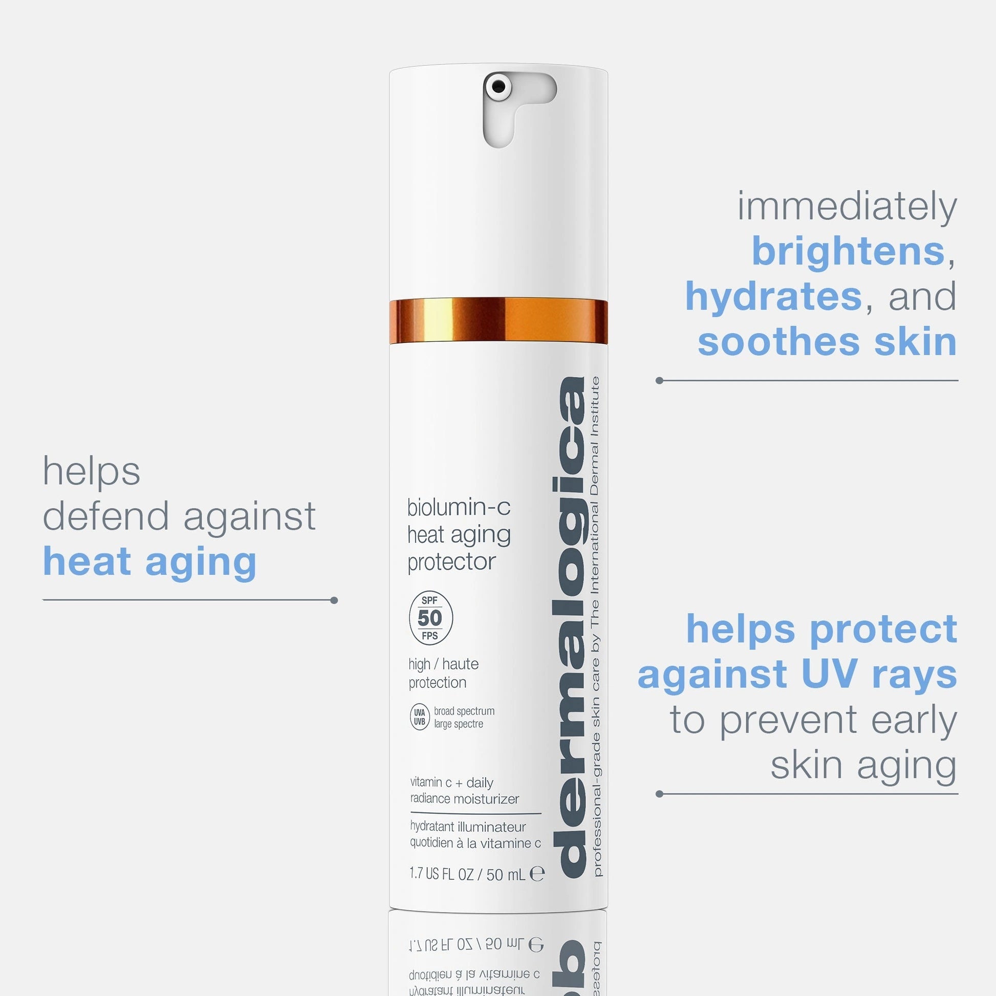 Dermalogica BioLumin-C Heat Aging Protector SPF50 50ml voor bescherming tegen UV en hitte, hydrateert en verheldert de huid.